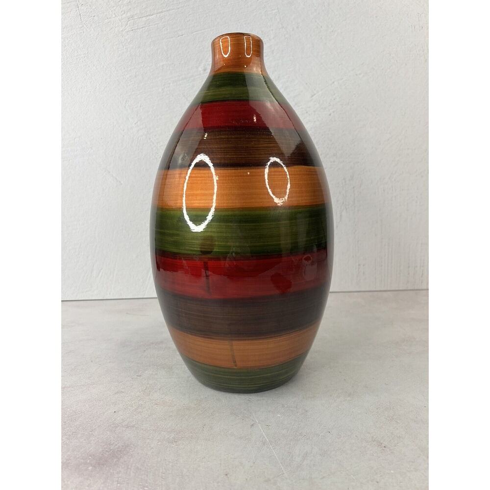 Vintage‎ MCM Autum Color hues Striped Decorative Vase 13 Inches Tall